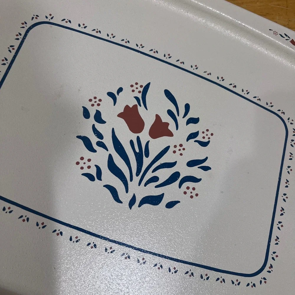 Vtg Folk Art‎ Floral Metal Serving Tray Cream Navy Blue Burgundy Country Cottage